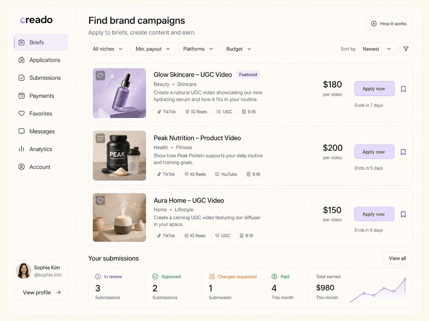 ViewStage creator feed of live campaigns ranked by match score